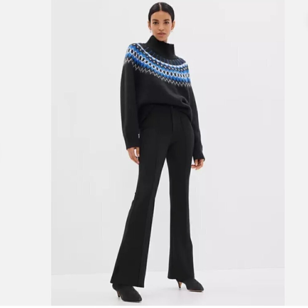 GAP High Rise Ponte Flare Pants Split Hem Pintuck Pleat Black 8 TALL NWT RT$90